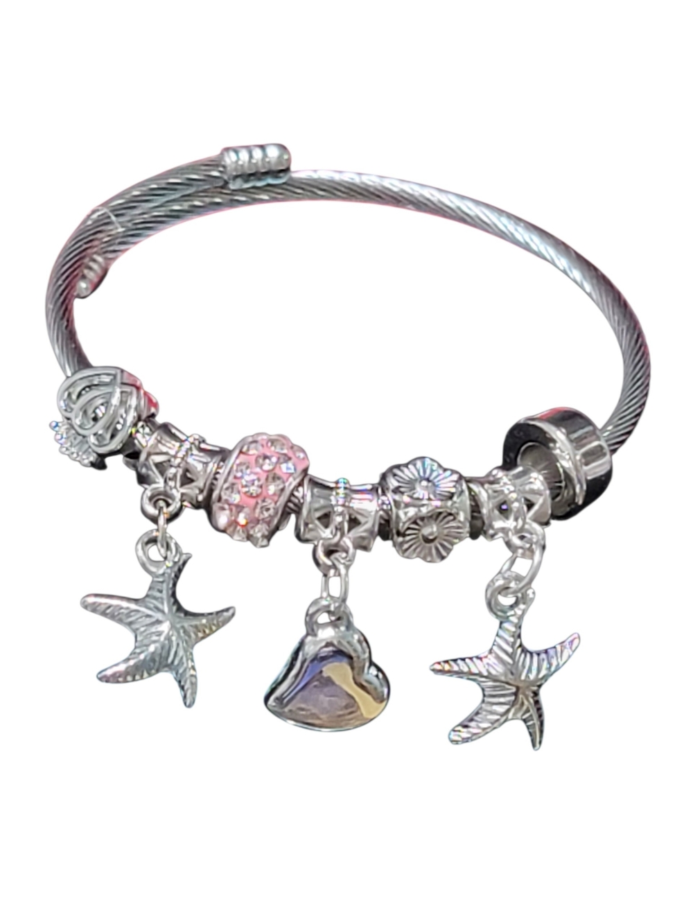 Silver Starfish & Heart Charm Bracelet with Pink Crystal Accent